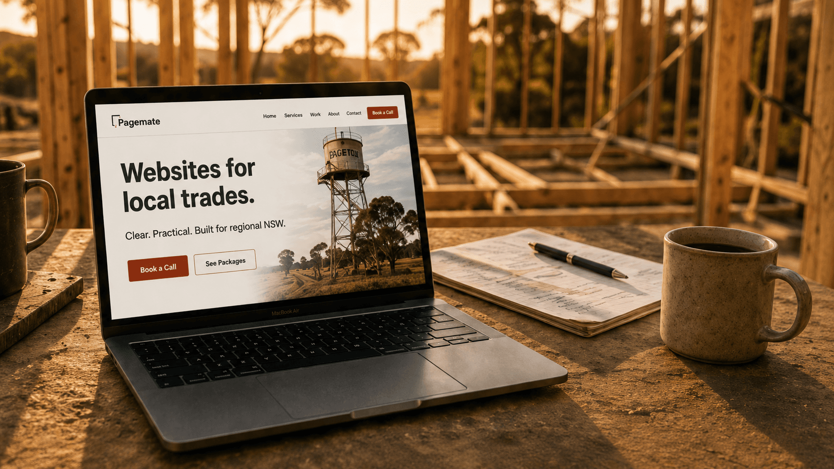 A Pagemate website shown on a laptop at a regional NSW building site at golden hour, with a coffee and notebook nearby.