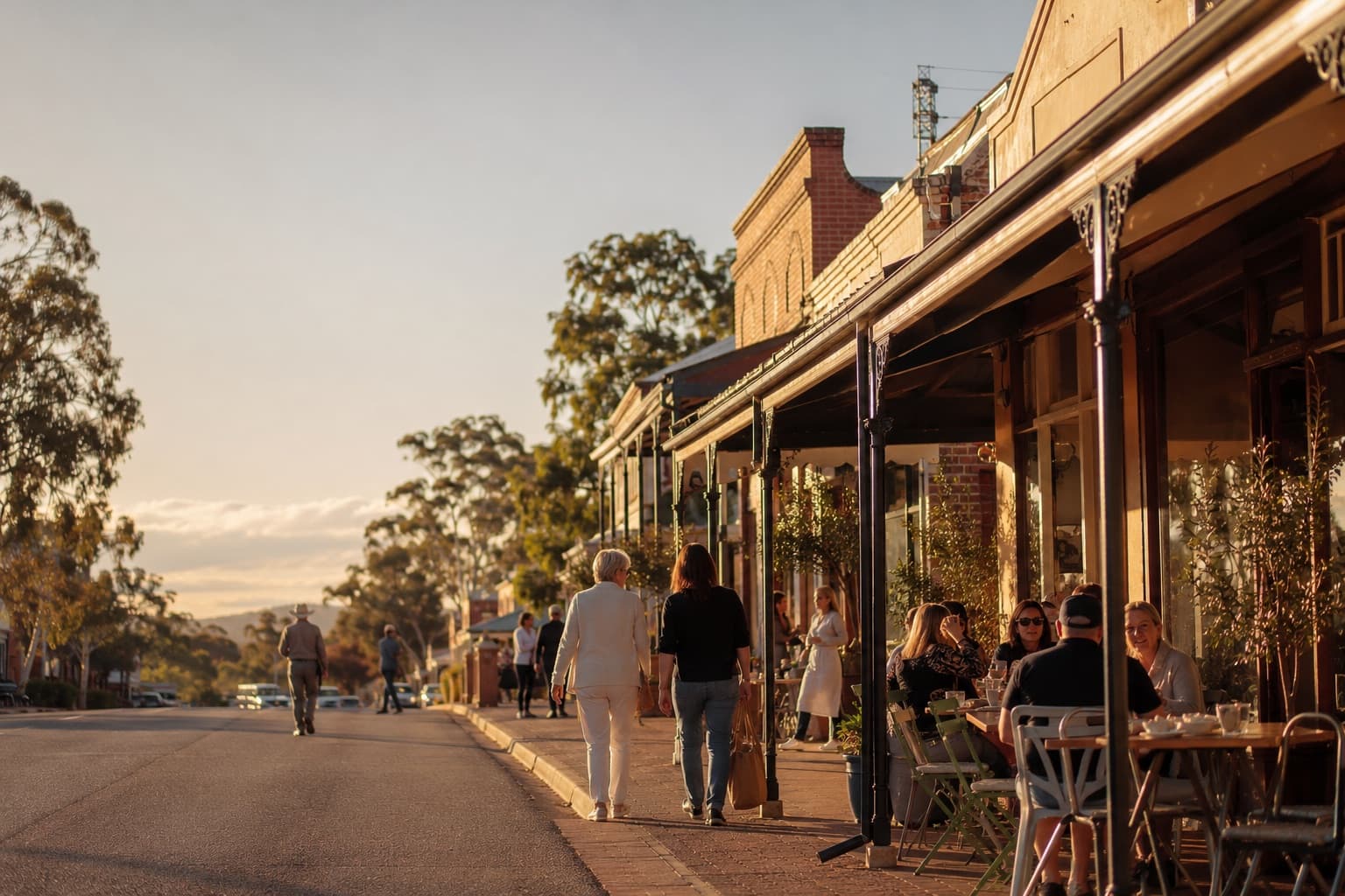 A regional Australian main street of independent local shopfronts and a café at golden hour