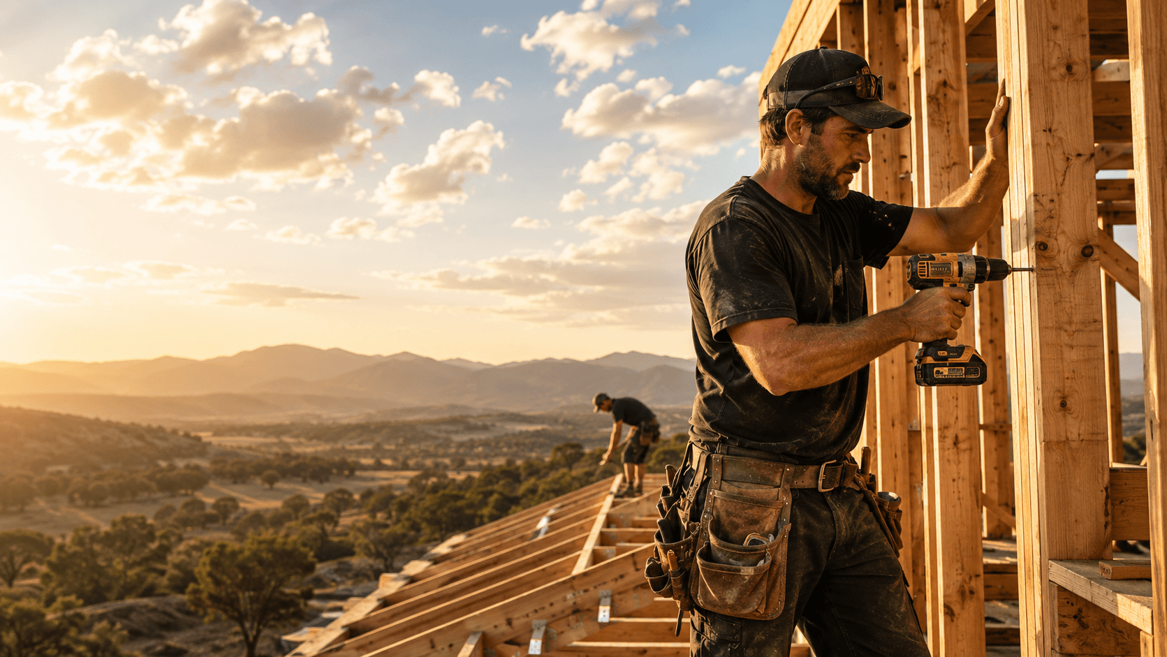Carpenter drilling timber framing at golden hour in regional NSW
